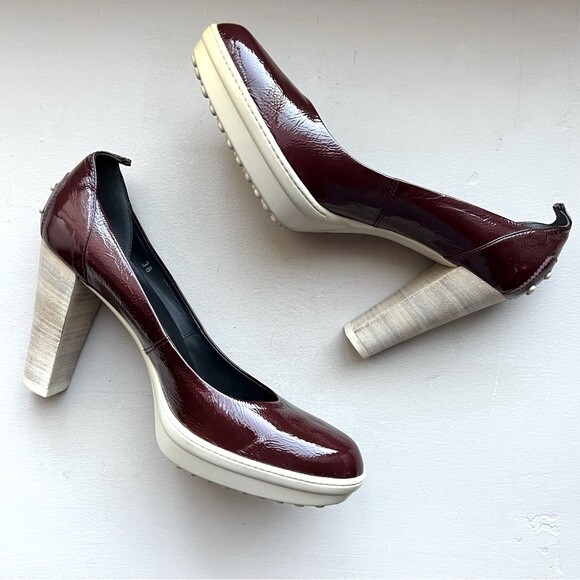 Tod's Platform Burgundy Wine Patent Leather Heels Pumps Women’s EU 38 US 7.5 - 8 - Picture 1 of 15